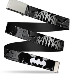 Chrome Buckle Web Belt - BATMAN w/Bat Signals & Flying Bats Black/White Webbing