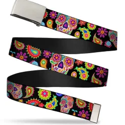 Chrome Buckle Web Belt - Bobo Sugar Skull/Paisley Black/Multi Color Webbing