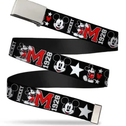 Chrome Buckle Web Belt - Classic Mickey Mouse 1928 Collage Black/White/Red Webbing