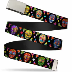 Chrome Buckle Web Belt - Colorful Calaveras Black/Multi Color Webbing