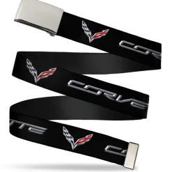 Chrome Buckle Web Belt - CORVETTE/C7 Logo Black/Silver/Red Webbing