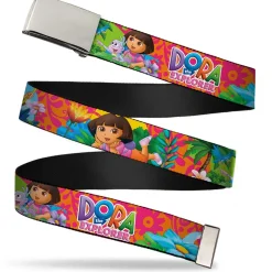 Chrome Buckle Web Belt - DORA THE EXPLORER Dora Poses/Floral Collage Orange/Pink Webbing