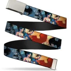 Chrome Buckle Web Belt - DC Comics Trinity Group Pose/Logos Webbing