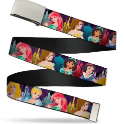 Chrome Buckle Web Belt - Disney Princess Poses/Castle Silhouettes Purples/Multi Color Webbing