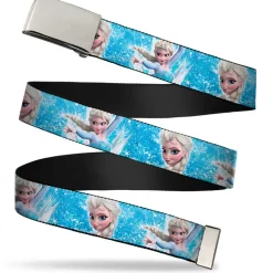 Chrome Buckle Web Belt - Frozen Elsa Face/Action Pose/Snowflakes Blues/White Webbing