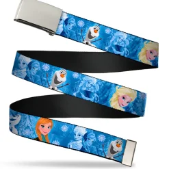 Chrome Buckle Web Belt - Frozen Character Poses Blues Webbing