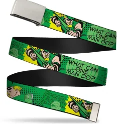 Chrome Buckle Web Belt - GREEN ARROW Poses WHAT CAN ONE MAN DO? Greens/Black Webbing