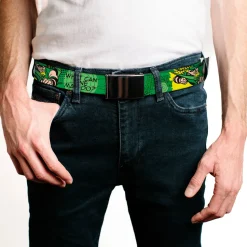 Chrome Buckle Web Belt - GREEN ARROW Poses WHAT CAN ONE MAN DO? Greens/Black Webbing