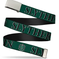 Chrome Buckle Web Belt - Harry Potter SLYTHERIN & Crest Green/Black Webbing