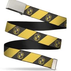 Chrome Buckle Web Belt - HUFFLEPUFF Crest Diagonal Stripe Charcoal Gray/Yellow Webbing