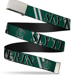 Chrome Buckle Web Belt - Harry Potter SLYTHERIN Stripe Green/Gray Webbing