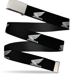 Chrome Buckle Web Belt - HONDA Motorcycle Logo Black/White Webbing