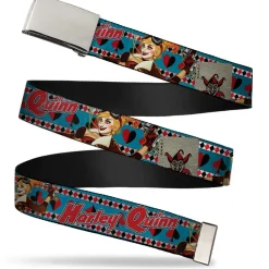 Chrome Buckle Web Belt - Harley Quinn Bombshell Pin-Up Pose/Joker Card/Suits Blue/White/Red/Black Webbing