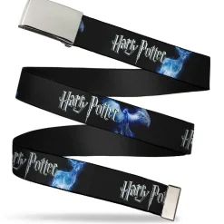 Chrome Buckle Web Belt - HARRY POTTER/Animal Spirits Black/White/Blue Webbing