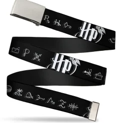 Chrome Buckle Web Belt - Harry Potter Logo/Symbology Black/White Webbing