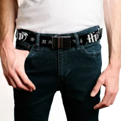 Chrome Buckle Web Belt - Harry Potter Logo/Symbology Black/White Webbing