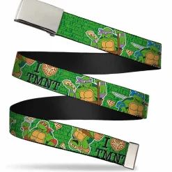 Chrome Buckle Web Belt - I "HEART" TMNT/Classic Turtles & Pizza Green Webbing