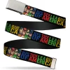 Chrome Buckle Web Belt - JUSTICE LEAGUE OF AMERICA w/Superhero Blocks Black/Multi Color Webbing