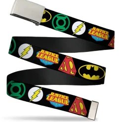 Chrome Buckle Web Belt - Justice League Superhero Logos Black Webbing
