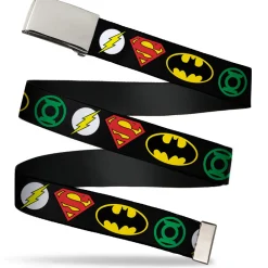 Chrome Buckle Web Belt - Justice League Superhero Logos Webbing