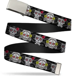 Chrome Buckle Web Belt - Los Novios Black/Gray/White/Multi Color Webbing