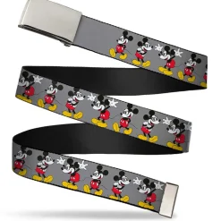 Chrome Buckle Web Belt - Mickey Mouse w/Glasses Poses Gray Webbing