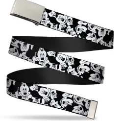 Chrome Buckle Web Belt - Mickey Mouse Expressions Stacked White/Black Webbing