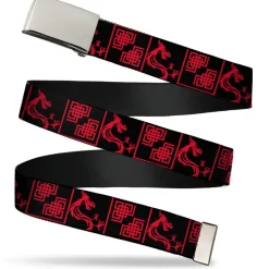 Chrome Buckle Web Belt - Mulan Mushu/Lattice Pattern Black/Red Webbing