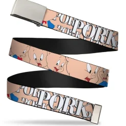 Chrome Buckle Web Belt - PORKY PIG w/Poses Pink Webbing
