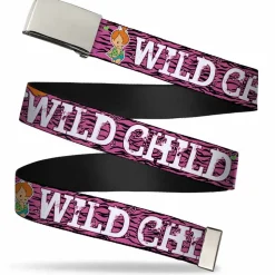 Chrome Buckle Web Belt - Pebbles Face/Pose WILD CHILD Pink/Black/White Webbing