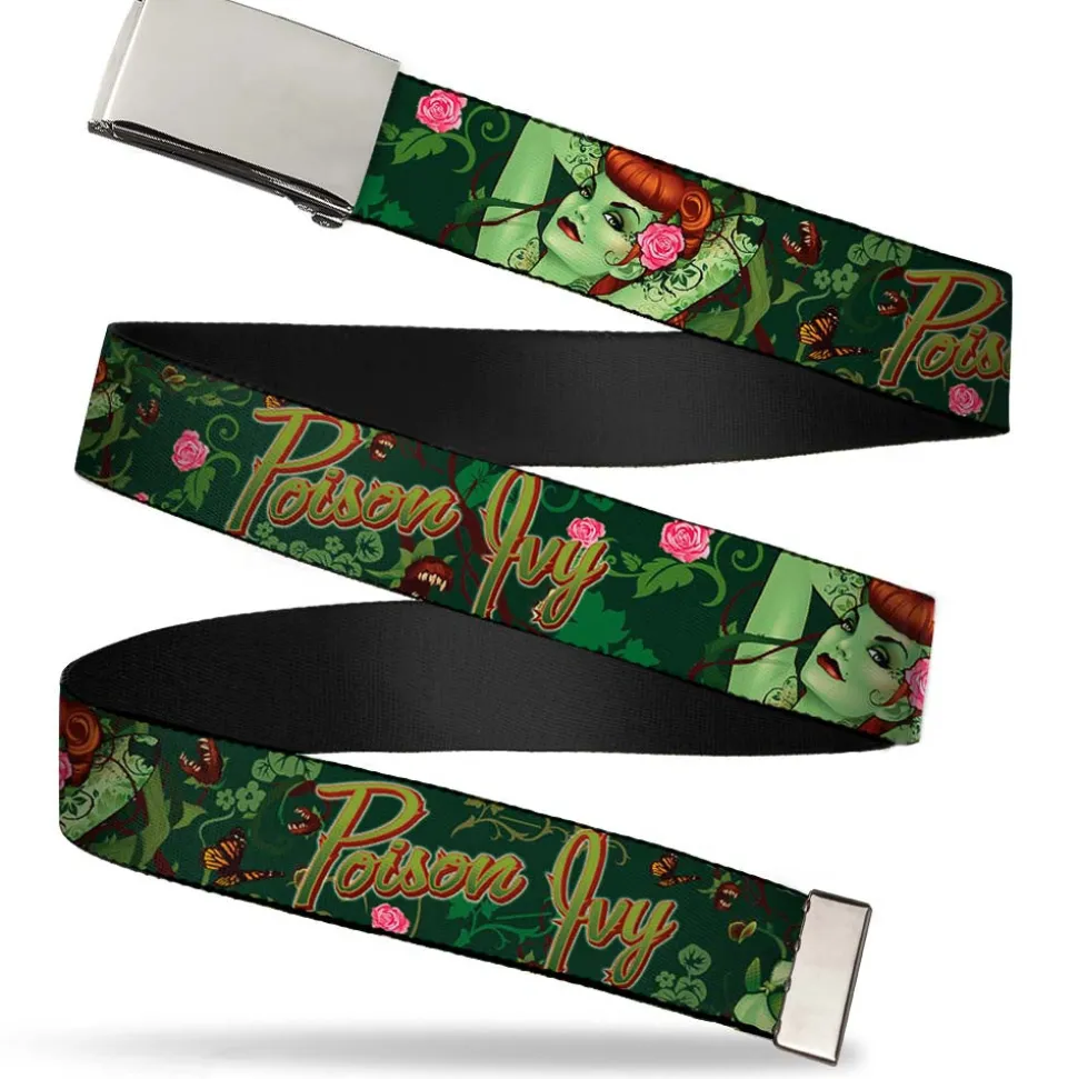 Chrome Buckle Web Belt - POISON IVY Bombshell Poses Greens/Reds Webbing