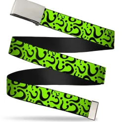 Chrome Buckle Web Belt - Question Mark Scattered Lime Green/Black Webbing