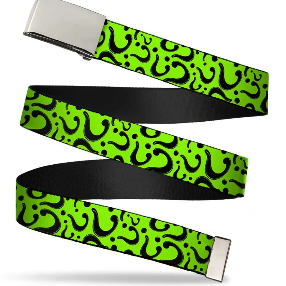 Chrome Buckle Web Belt - Question Mark Scattered Lime Green/Black Webbing