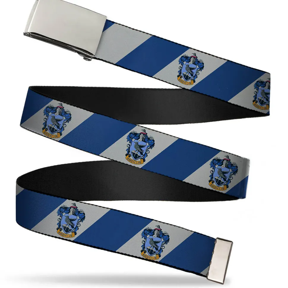 Chrome Buckle Web Belt - RAVENCLAW Crest Diagonal Stripe Gray/Blue Webbing