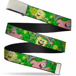 Chrome Buckle Web Belt - SpongeBob & Patrick Starfish St. Patrick's Day Poses Webbing