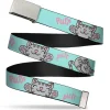 Chrome Buckle Web Belt - Soft Kitty Poses Pale Turquoise/Pink Webbing