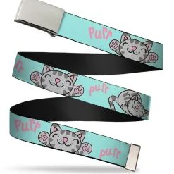 Chrome Buckle Web Belt - Soft Kitty Poses Pale Turquoise/Pink Webbing