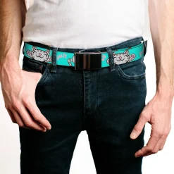 Chrome Buckle Web Belt - Soft Kitty Poses Pale Turquoise/Pink Webbing