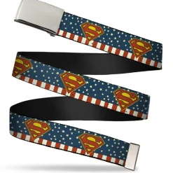 Chrome Buckle Web Belt - Superman Shield Americana Red/White/Blue/Yellow Webbing