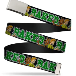 Chrome Buckle Web Belt - Scooby Doo & Shaggy Pose/BAKED Black/Green Webbing