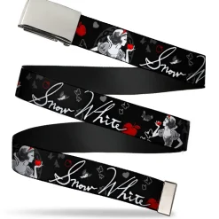 Chrome Buckle Web Belt - SNOW WHITE Apple Poses/Butterflies Black/Gray/Red Webbing