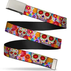 Chrome Buckle Web Belt - Sugar Skull Starburst White/Multi Color Webbing