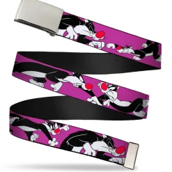 Chrome Buckle Web Belt - Sylvester the Cat Poses Purple Webbing