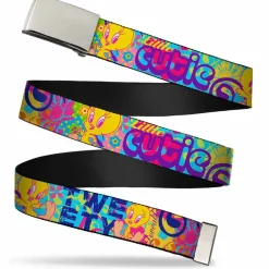 Chrome Buckle Web Belt - Tweety Bird Poses LITTLE CUTIE-LOVEABLE Blue/Multi Color Webbing