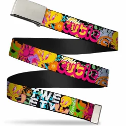 Chrome Buckle Web Belt - Tweety Bird Poses LITTLE CUTIE-LOVEABLE Black/Multi Color Webbing