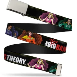 Chrome Buckle Web Belt - THE BIG BANG THEORY Superhero Character Poses Black Webbing