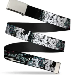 Chrome Buckle Web Belt - TOM & JERRY Face & Pose Sketch Black/White/Red/Blue Webbing