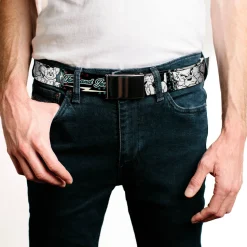 Chrome Buckle Web Belt - TOM & JERRY Face & Pose Sketch Black/White/Red/Blue Webbing