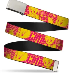 Chrome Buckle Web Belt - Tweety Bird Poses CUTE LITTLE YELLOW BIRD Yellow/Pink Webbing
