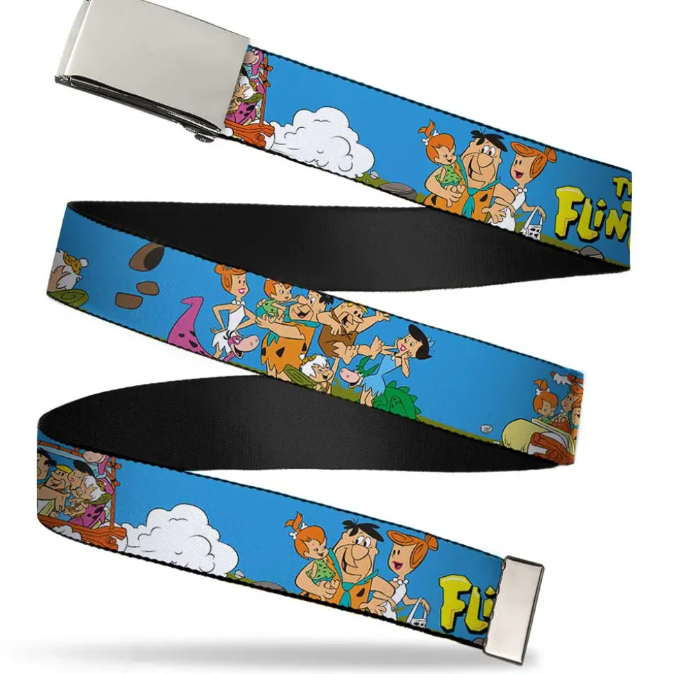 Chrome Buckle Web Belt - The Flintstones and Rubbles Group Pose/Logo Blue Webbing